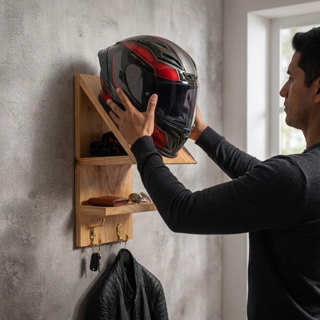 Soporte Para Colgar Cascos Moto Bicicleta, Madera
